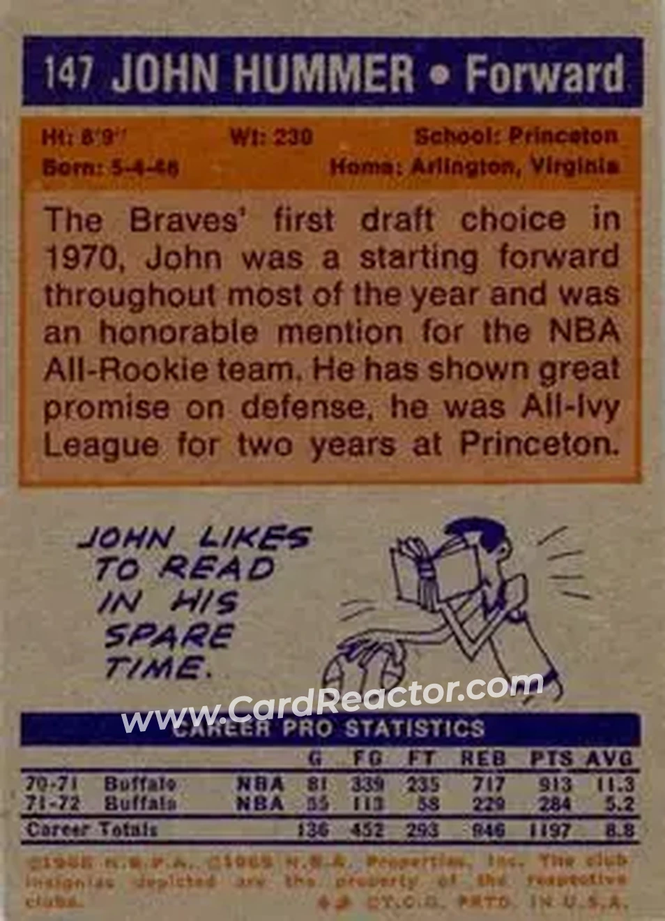 1972-73 Topps #147 - John Hummer - Buffalo Braves - Back