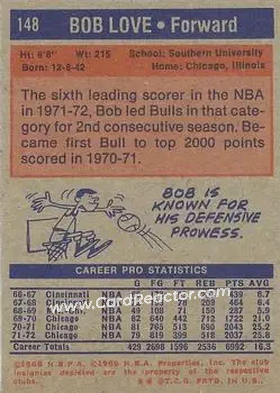 1972-73 Topps #148 - Bob Love - Chicago Bulls - Back
