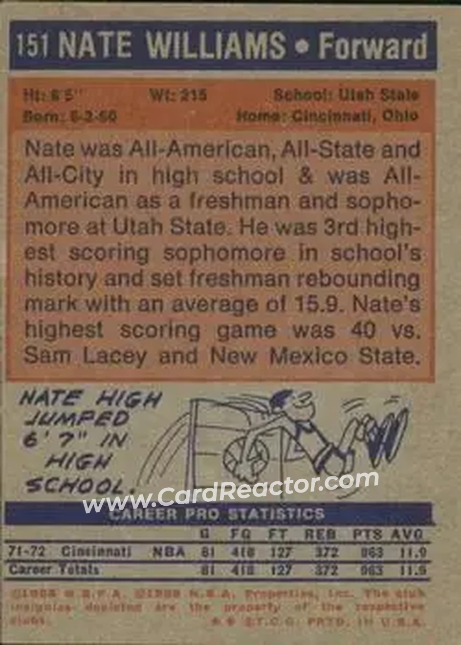 1972-73 Topps #151 - Nate Williams - Kansas City-Omaha Kings - Back