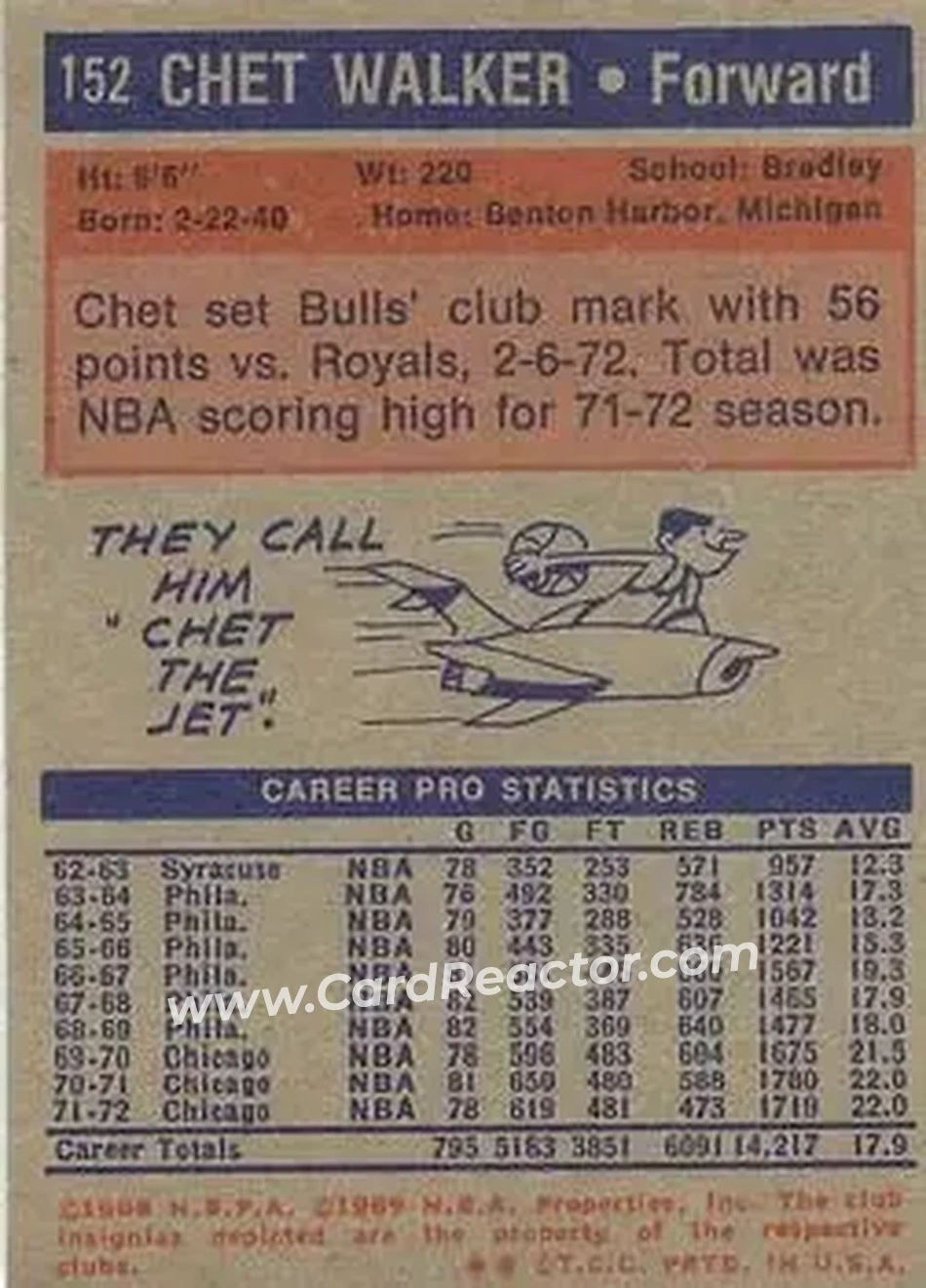 1972-73 Topps #152 - Chet Walker - Chicago Bulls - Back