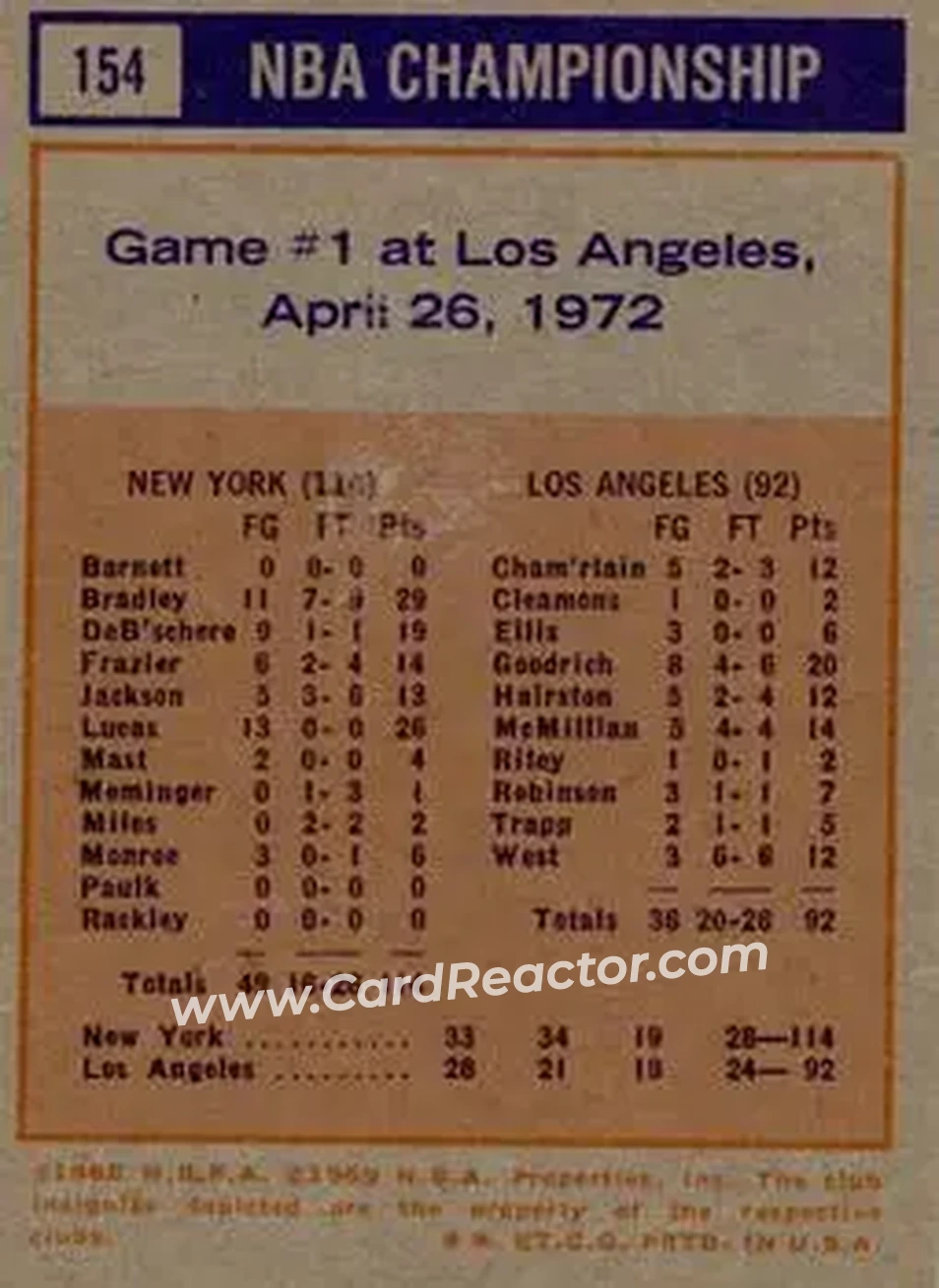 1972-73 Topps #154 - Card #154 - Back