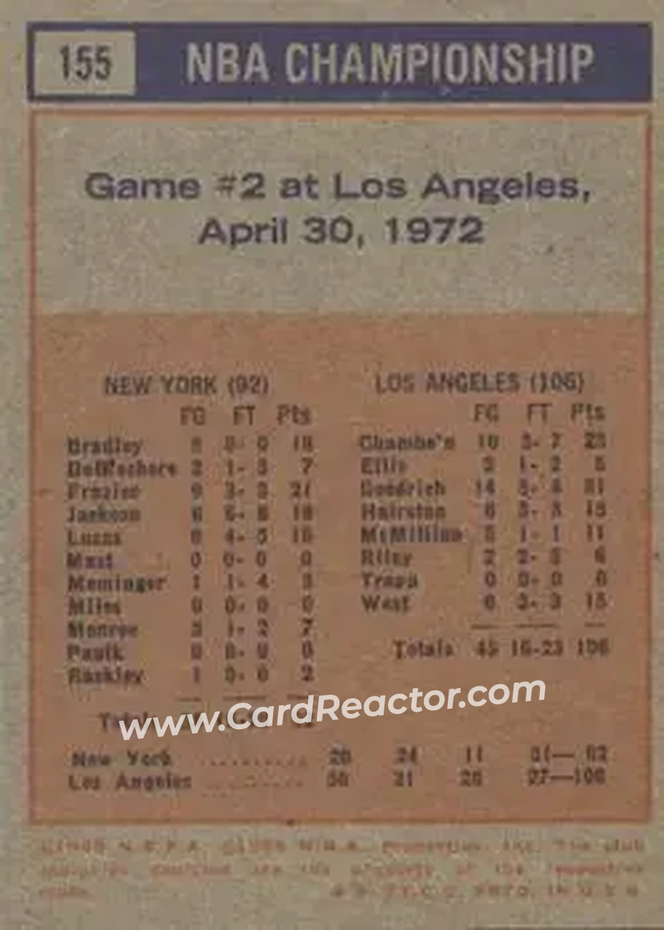 1972-73 Topps #155 - Card #155 - Back