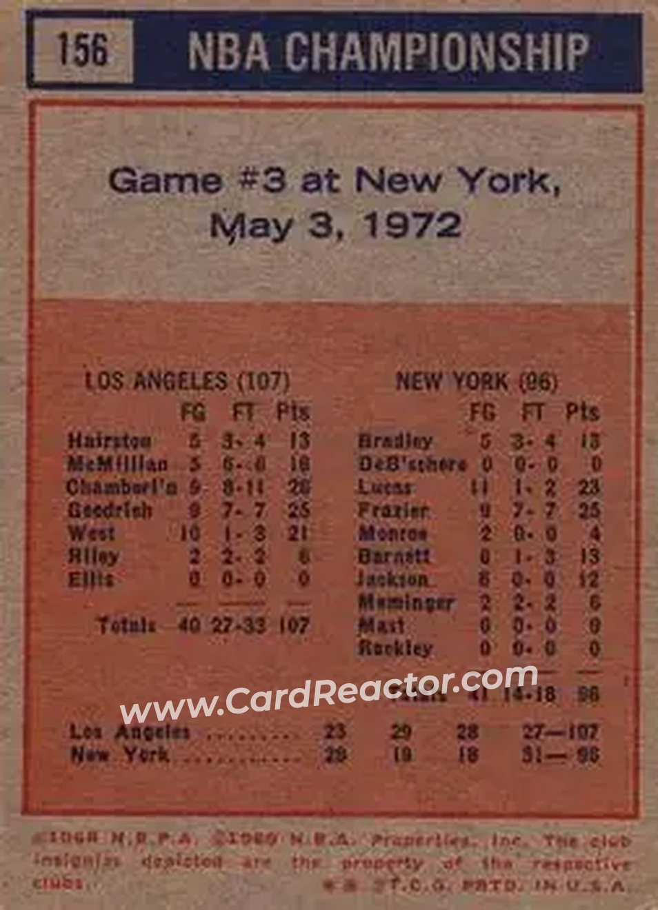 1972-73 Topps #156 - Card #156 - Back