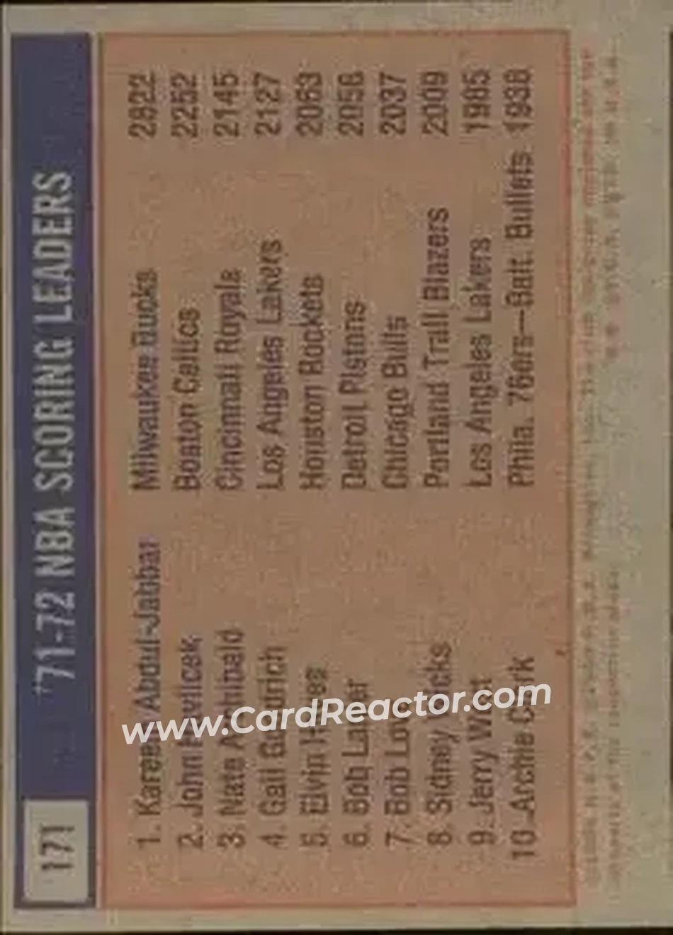 1972-73 Topps #171 - Card #171 - Back