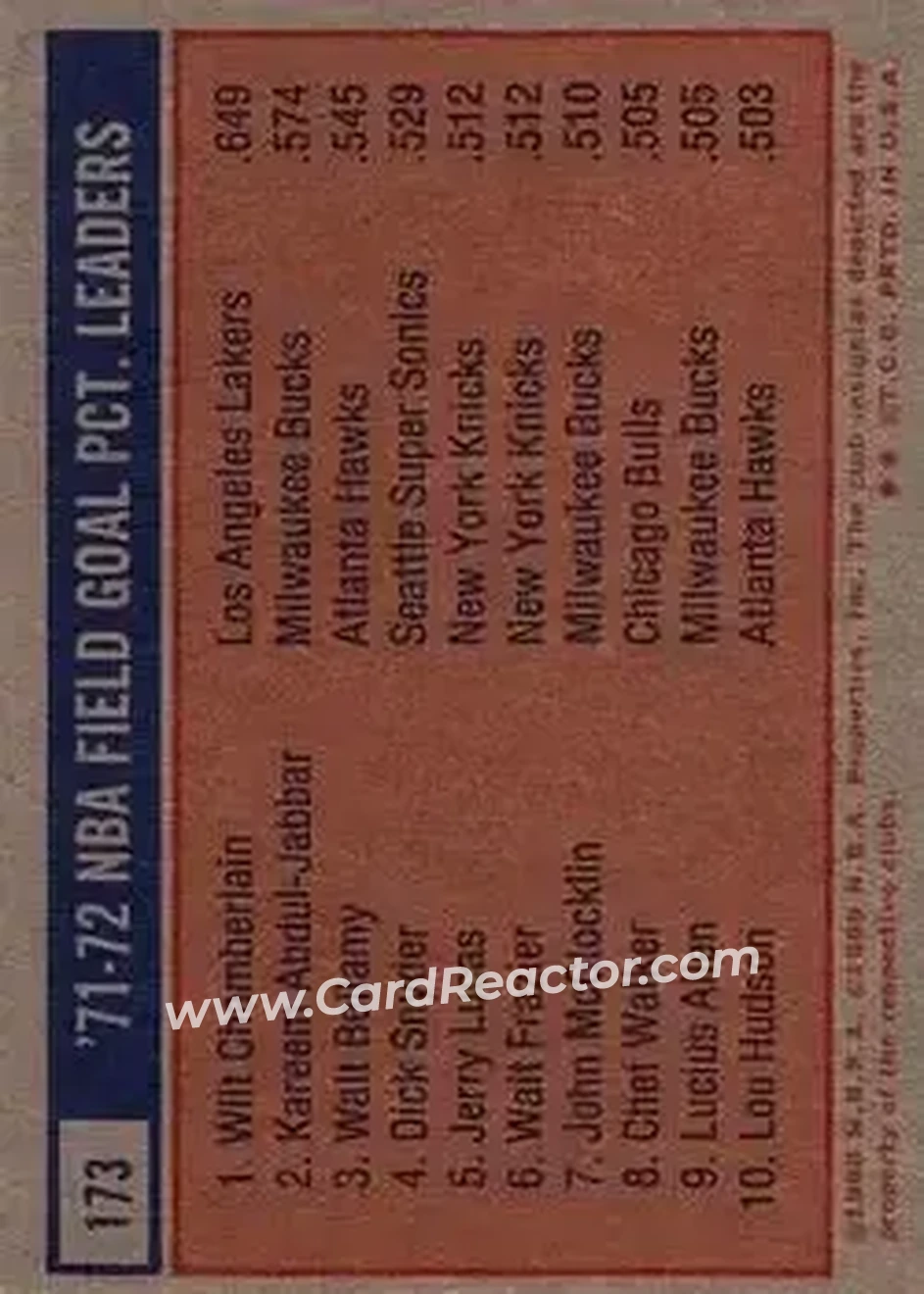1972-73 Topps #173 - Card #173 - Back