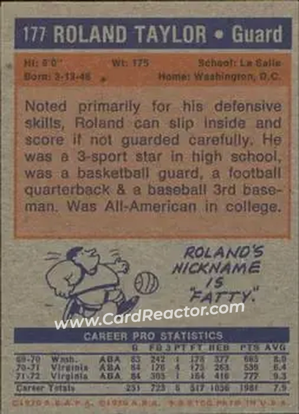 1972-73 Topps #177 - Roland Taylor - Virginia Squires - Back