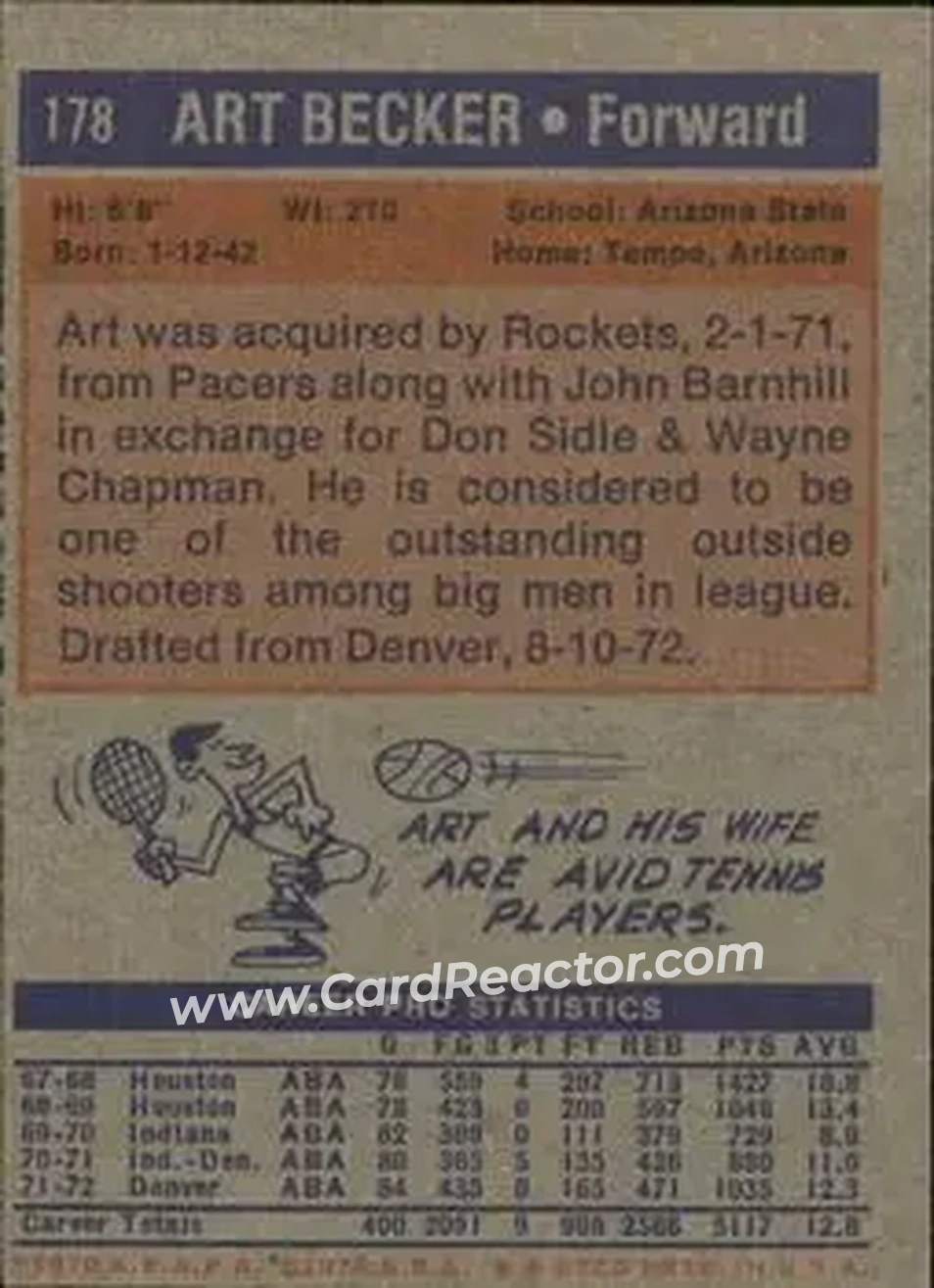 1972-73 Topps #178 - Art Becker - San Diego Conquistadors - Back
