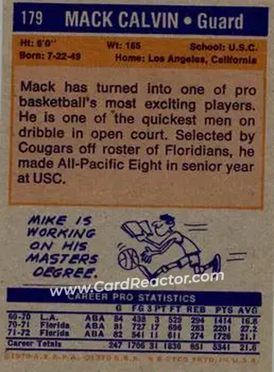 1972-73 Topps #179 - Mack Calvin - Carolina Cougars - Back