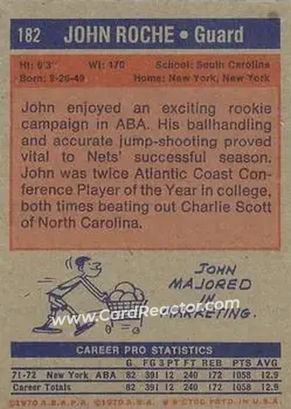 1972-73 Topps #182 - John Roche - New York Nets - Back