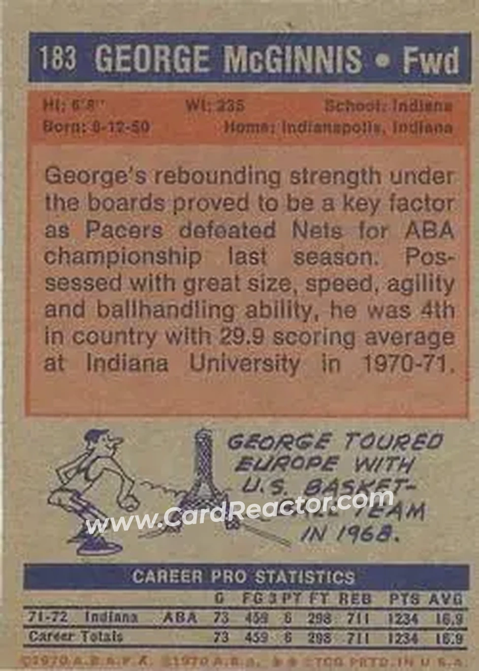 1972-73 Topps #183 - George McGinnis - Indiana Pacers - Back