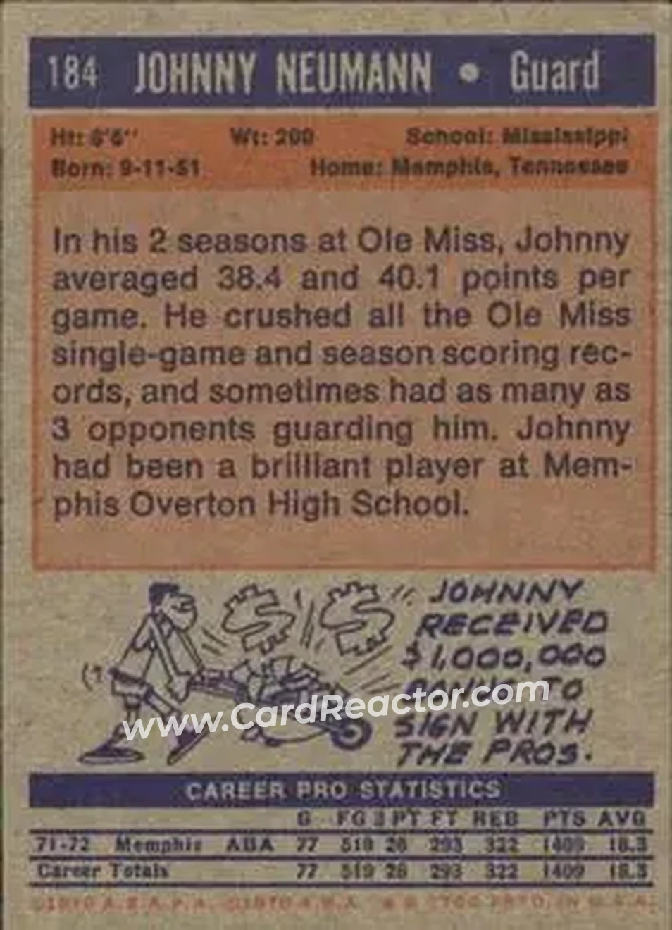 1972-73 Topps #184 - Johnny Neumann - Memphis Tams - Back