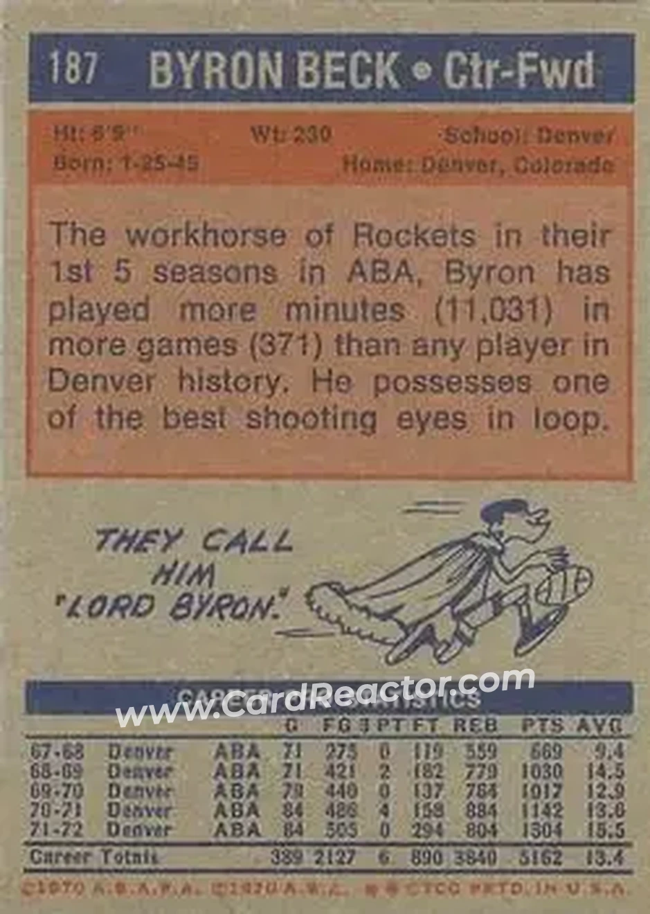 1972-73 Topps #187 - Byron Beck - Denver Rockets - Back