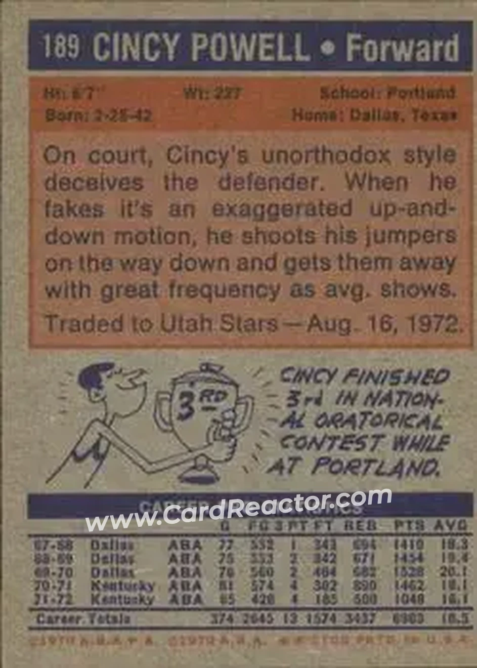 1972-73 Topps #189 - Cincy Powell - Kentucky Colonels - Back