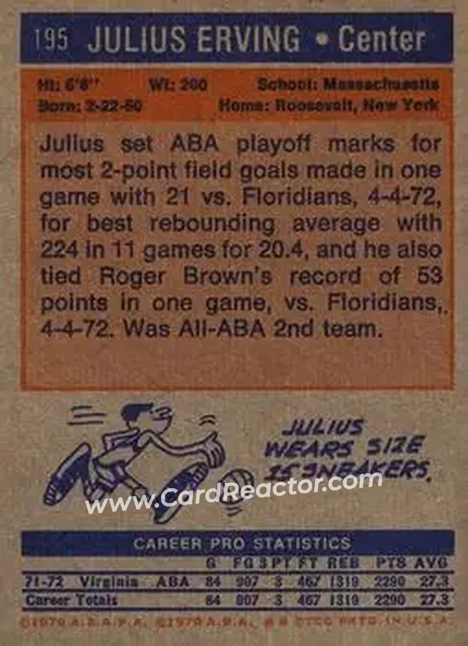 1972-73 Topps #195 - Julius Erving - Virginia Squires - Back 1972-73 Topps #195 - Julius Erving - Virginia Squires - Back