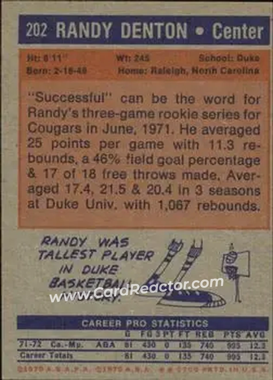 1972-73 Topps #202 - Randy Denton - Memphis Tams - Back