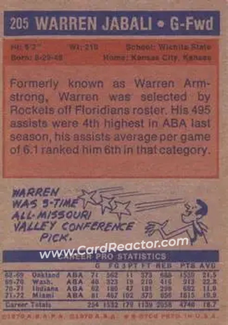 1972-73 Topps #205 - Warren Armstrong - Denver Rockets - Back