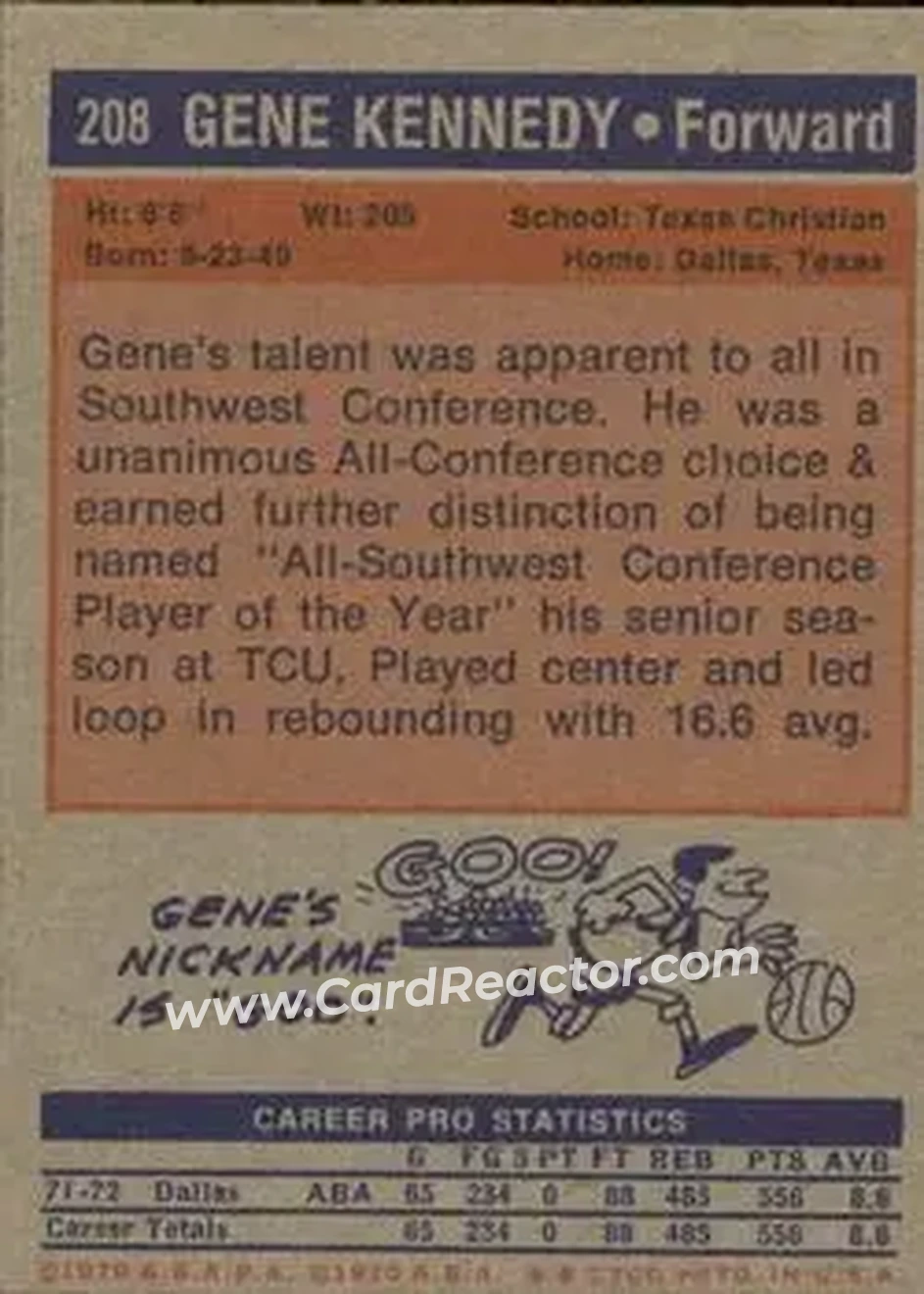 1972-73 Topps #208 - Gene Kennedy - Dallas Chaparrals - Back