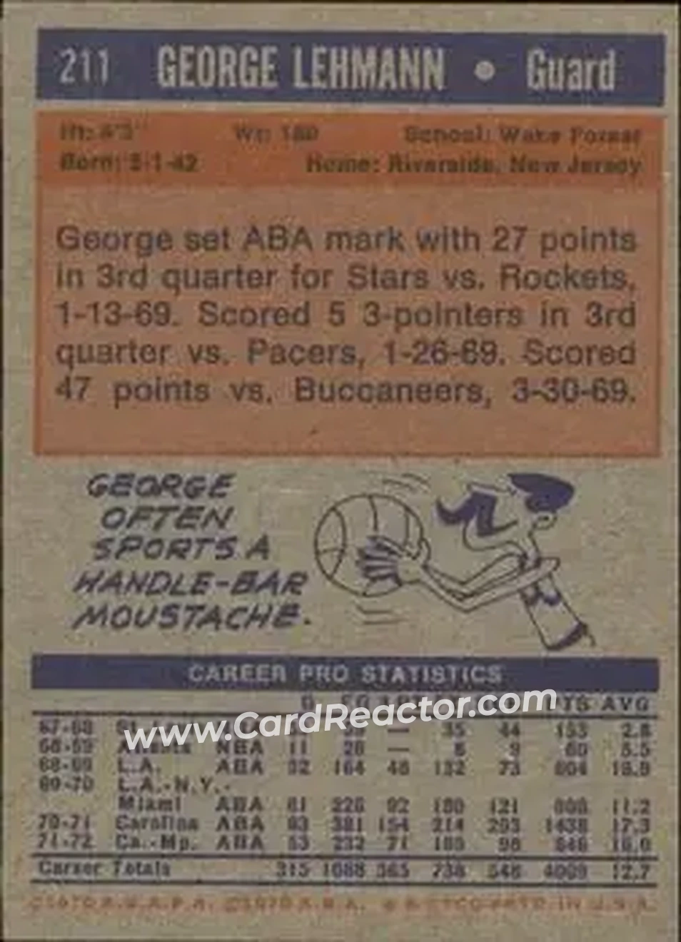 1972-73 Topps #211 - George Lehmann - Memphis Tams - Back