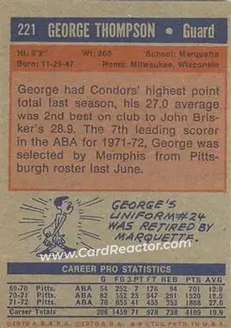 1972-73 Topps #221 - George Thompson - Memphis Tams - Back
