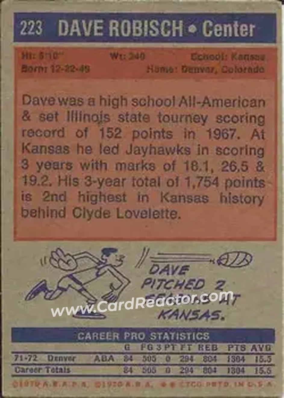 1972-73 Topps #223 - Dave Robisch - Denver Rockets - Back