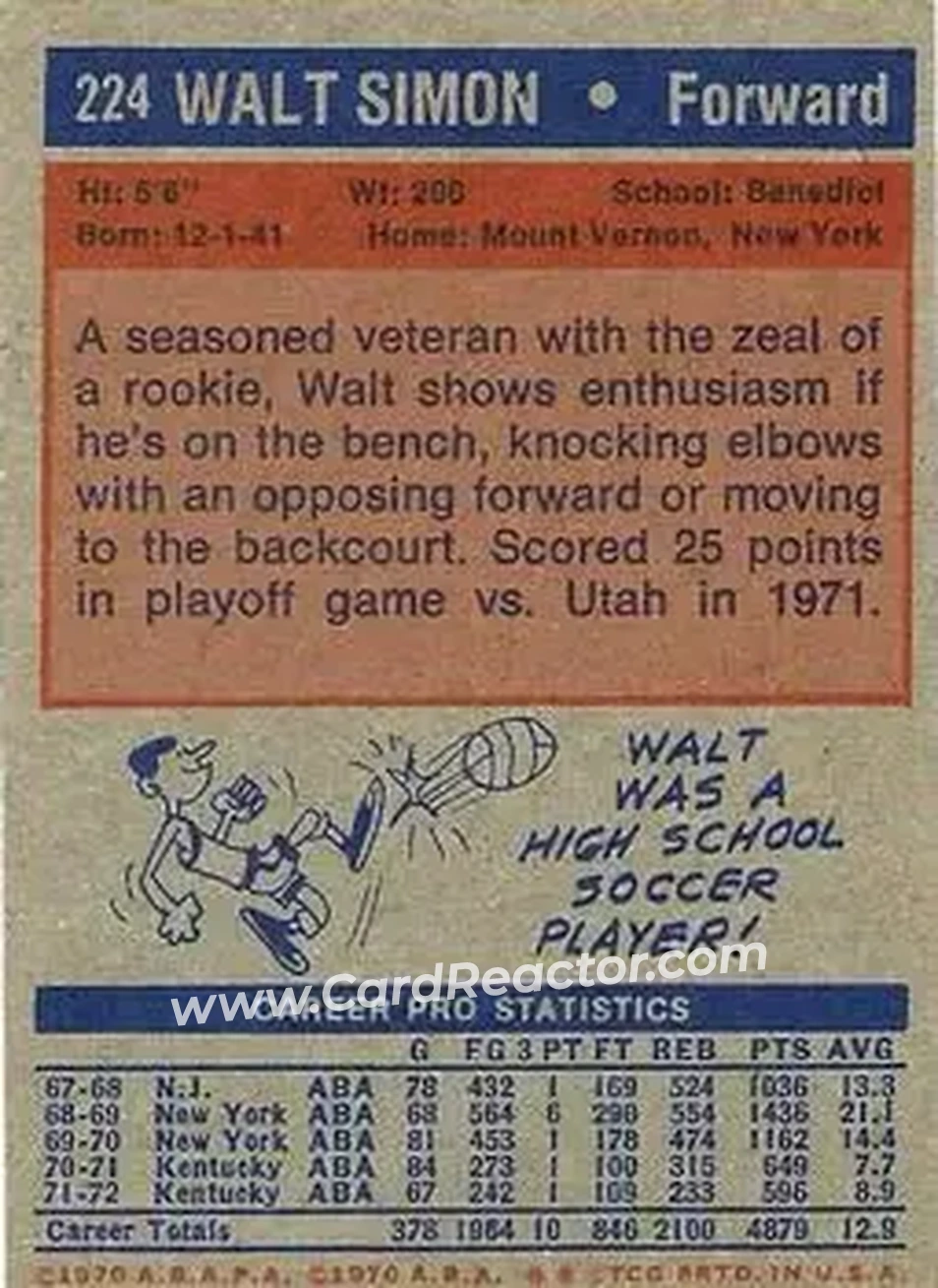 1972-73 Topps #224 - Walt Simon - Kentucky Colonels - Back