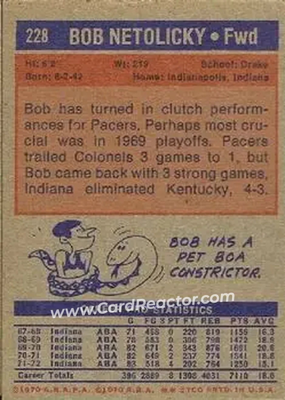 1972-73 Topps #228 - Bob Netolicky - Dallas Chaparrals - Back