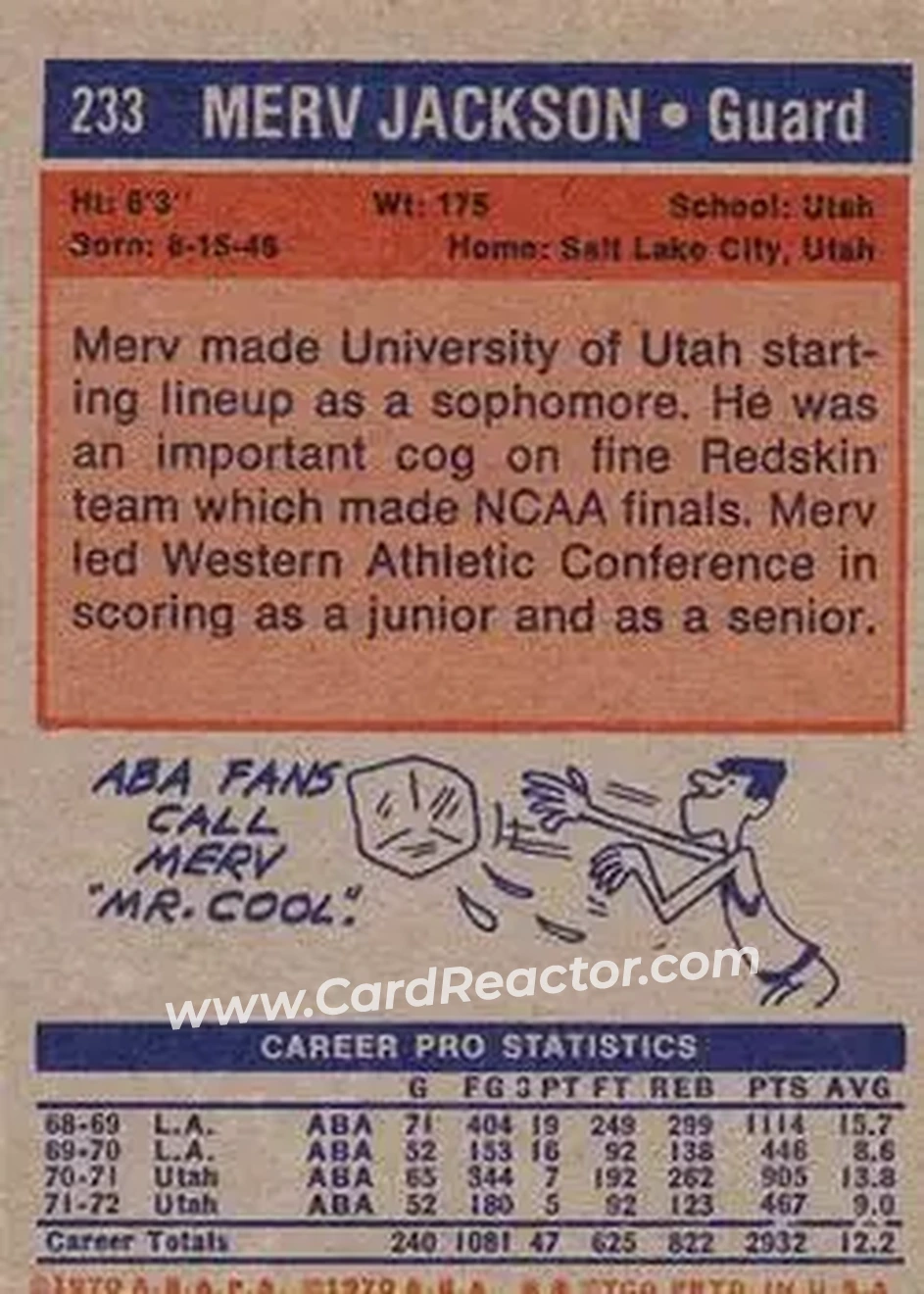 1972-73 Topps #233 - Merv Jackson - Utah Stars - Back