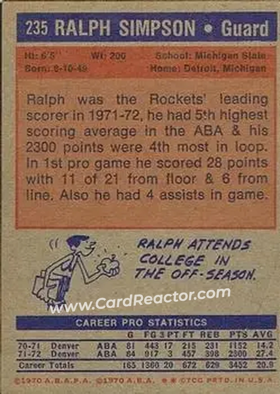 1972-73 Topps #235 - Ralph Simpson - Denver Rockets - Back 1972-73 Topps #235 - Ralph Simpson - Denver Rockets - Back