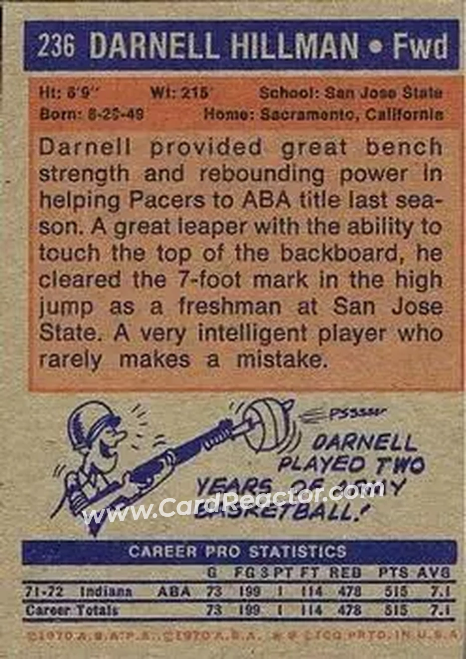1972-73 Topps #236 - Darnell Hillman - Indiana Pacers - Back