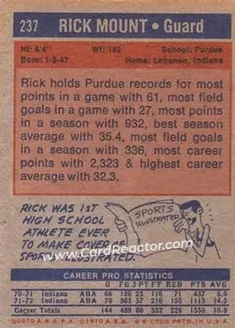 1972-73 Topps #237 - Rick Mount - Kentucky Colonels - Back
