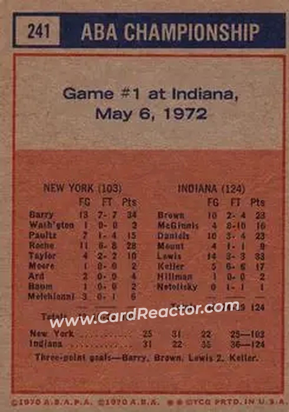 1972-73 Topps #241 - Card #241 - Back