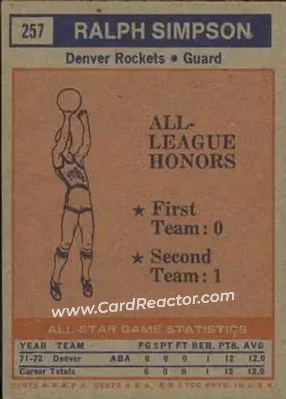 1972-73 Topps #257 - Ralph Simpson - Denver Rockets - Back 1972-73 Topps #257 - Ralph Simpson - Denver Rockets - Back