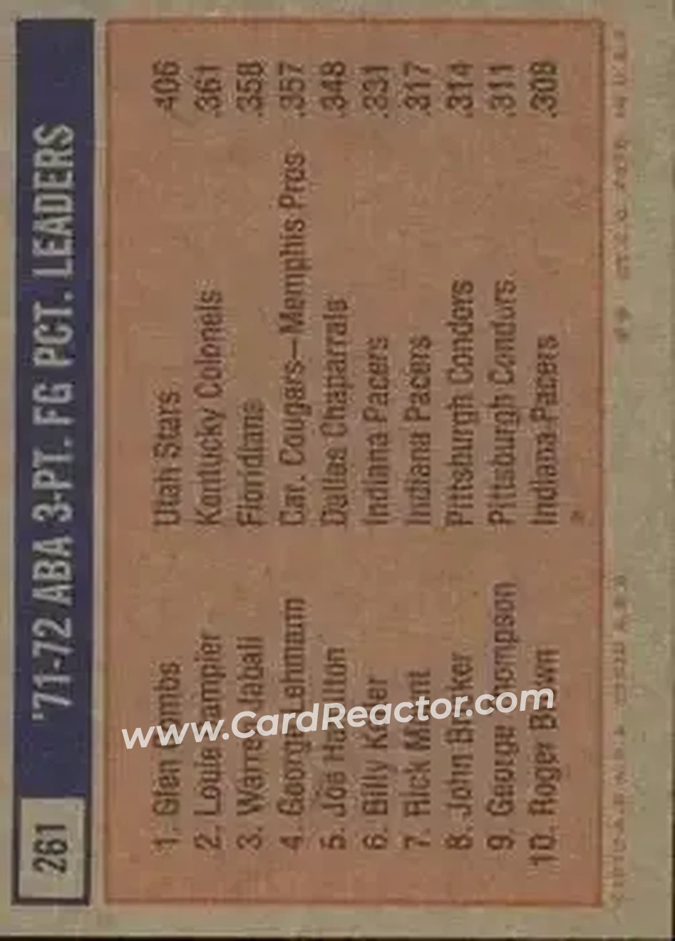 1972-73 Topps #261 - Card #261 - Back