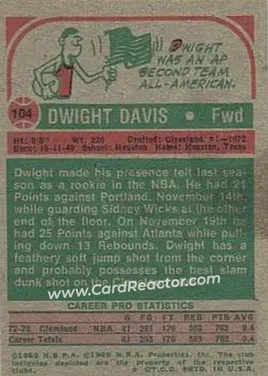 1973-74 Topps #104 - Dwight Davis - Cleveland Cavaliers - Back