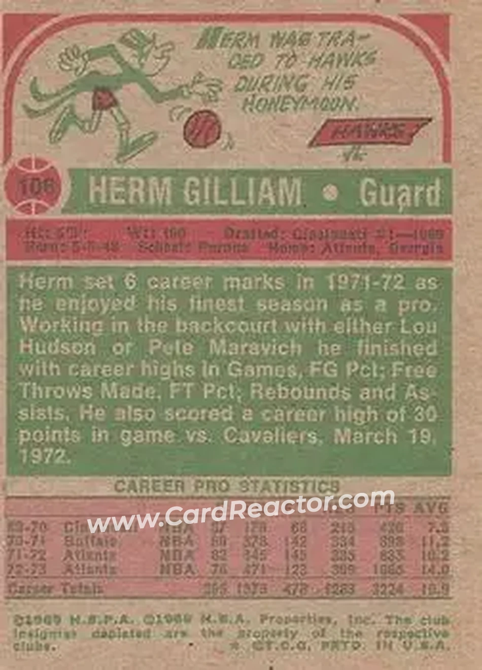 1973-74 Topps #106 - Herm Gilliam - Atlanta Hawks - Back