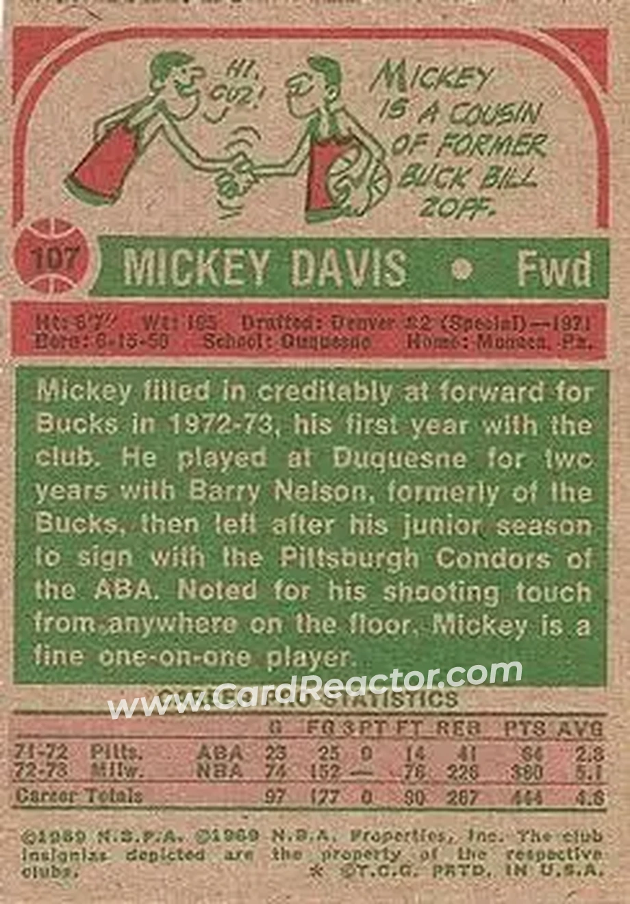 1973-74 Topps #107 - Mickey Davis - Milwaukee Bucks - Back