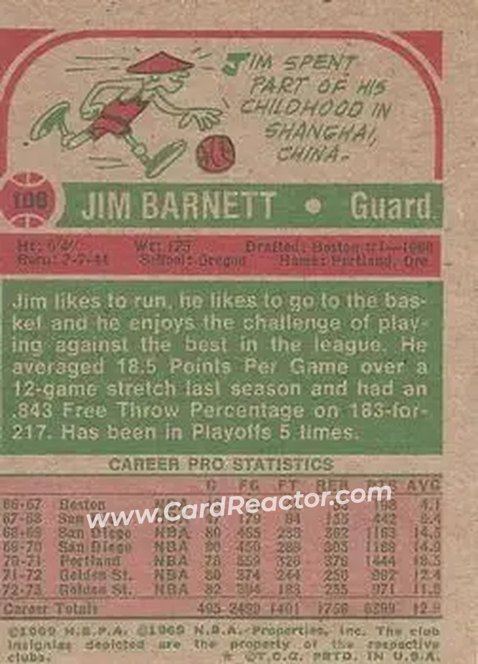 1973-74 Topps #108 - Jim Barnett - Golden State Warriors - Back