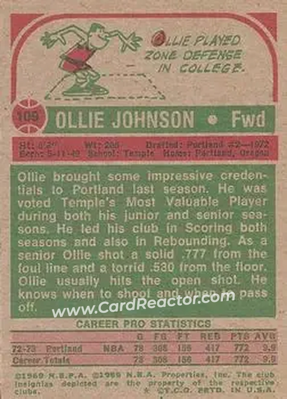 1973-74 Topps #109 - Ollie Johnson - Portland Trail Blazers - Back