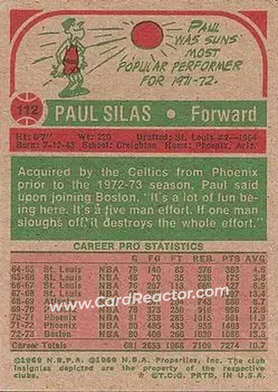 1973-74 Topps #112 - Paul Silas - Boston Celtics - Back