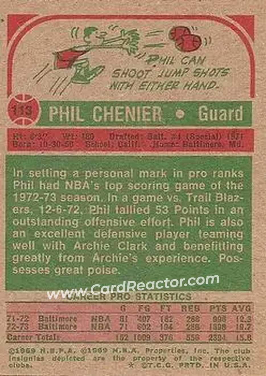 1973-74 Topps #113 - Phil Chenier - Capital Bullets - Back