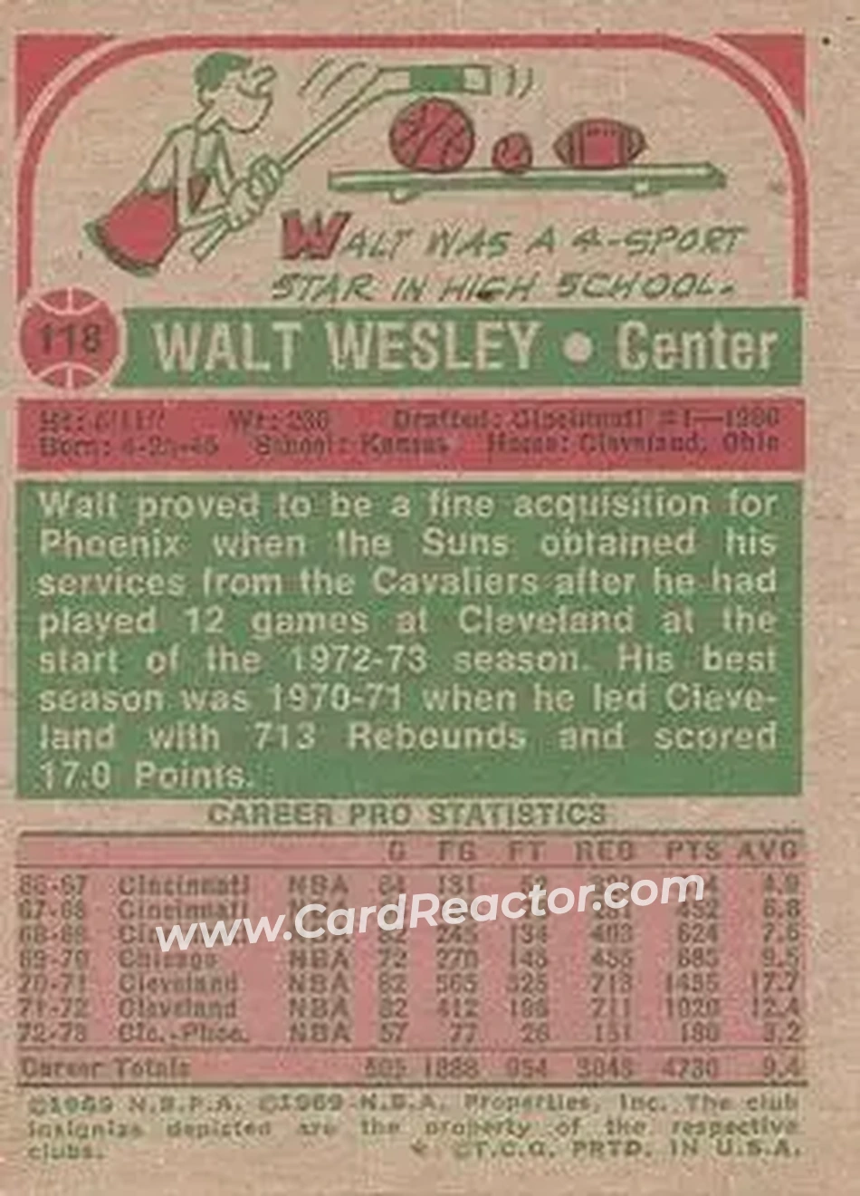 1973-74 Topps #118 - Walt Wesley - Phoenix Suns - Back