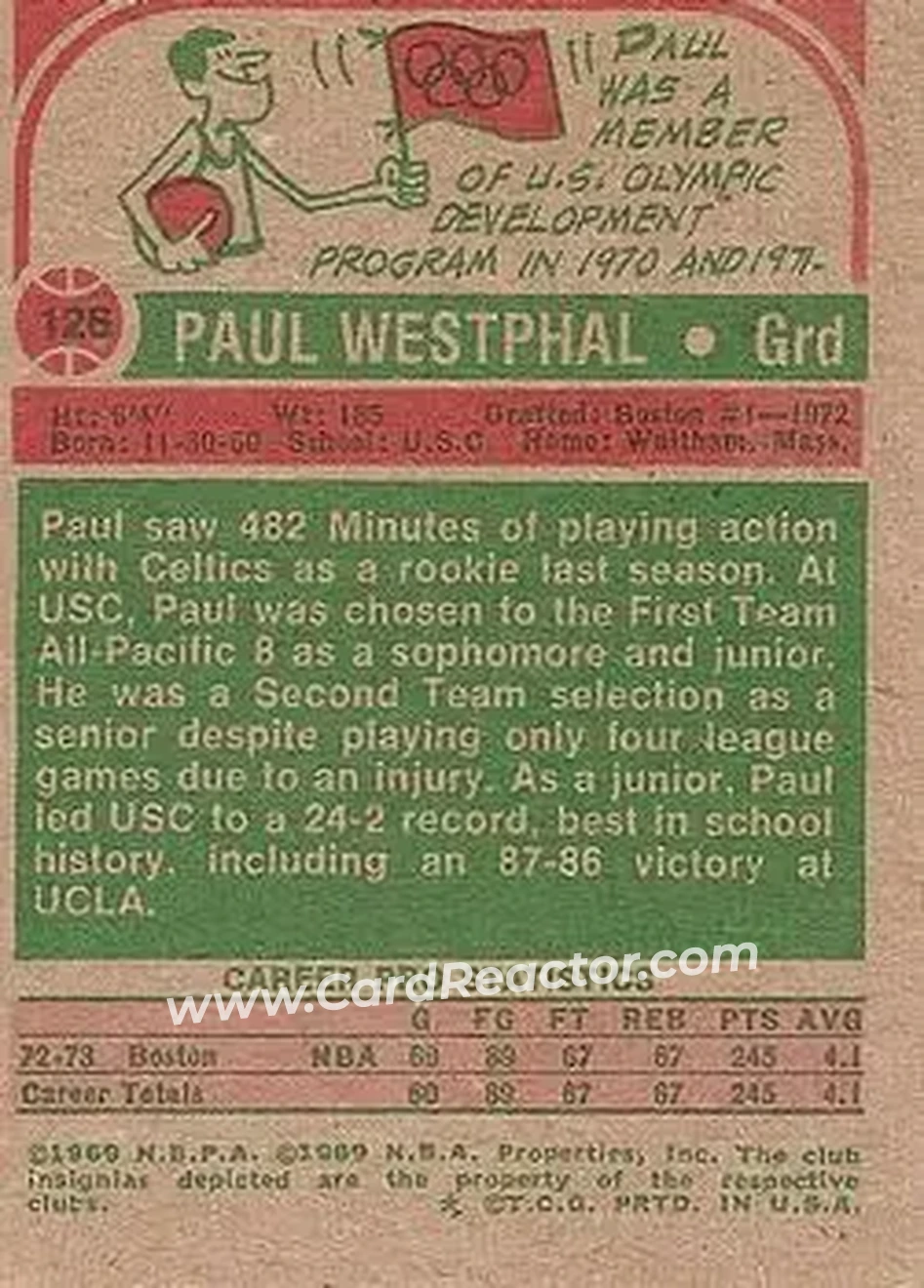 1973-74 Topps #126 - Paul Westphal - Boston Celtics - Back