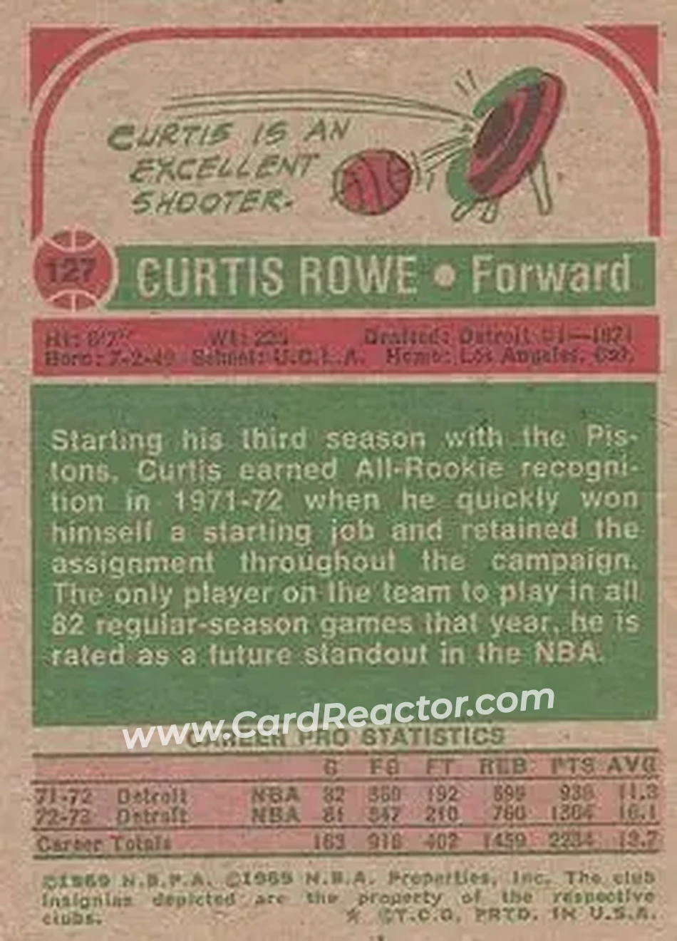 1973-74 Topps #127 - Curtis Rowe - Detroit Pistons - Back