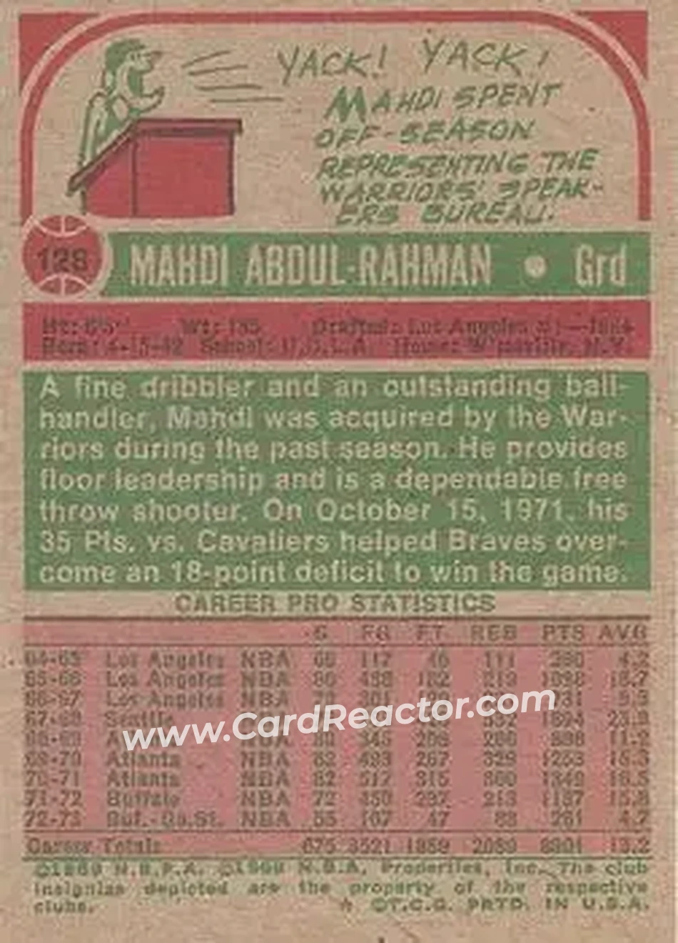 1973-74 Topps #128 - Walt Hazzard - Seattle SuperSonics - Back