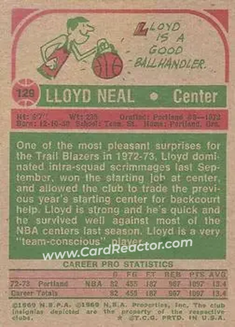 1973-74 Topps #129 - Lloyd Neal - Portland Trail Blazers - Back