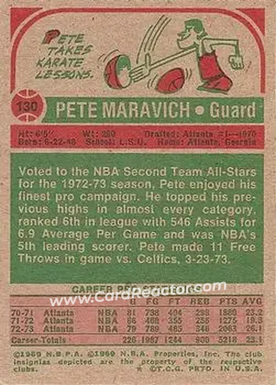 1973-74 Topps #130 - Pete Maravich - Atlanta Hawks - Back