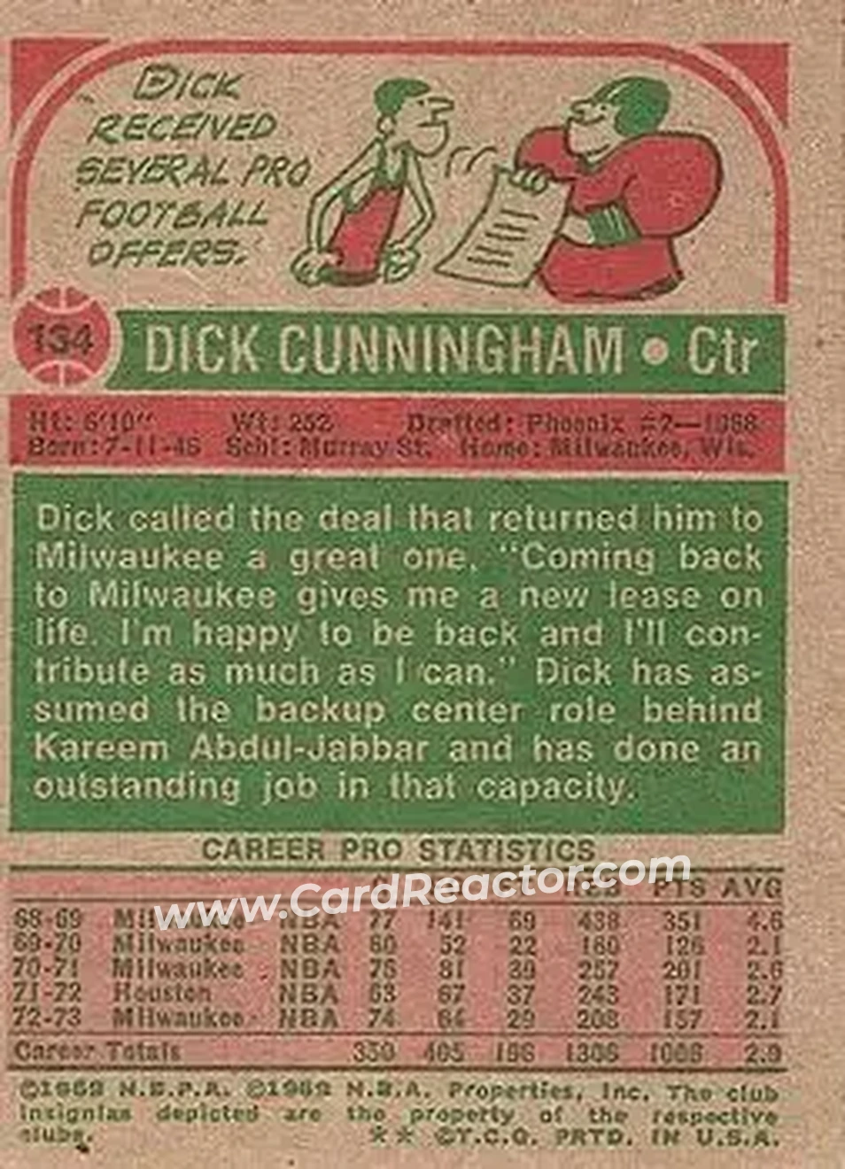 1973-74 Topps #134 - Dick Cunningham - Milwaukee Bucks - Back 1973-74 Topps #134 - Dick Cunningham - Milwaukee Bucks - Back