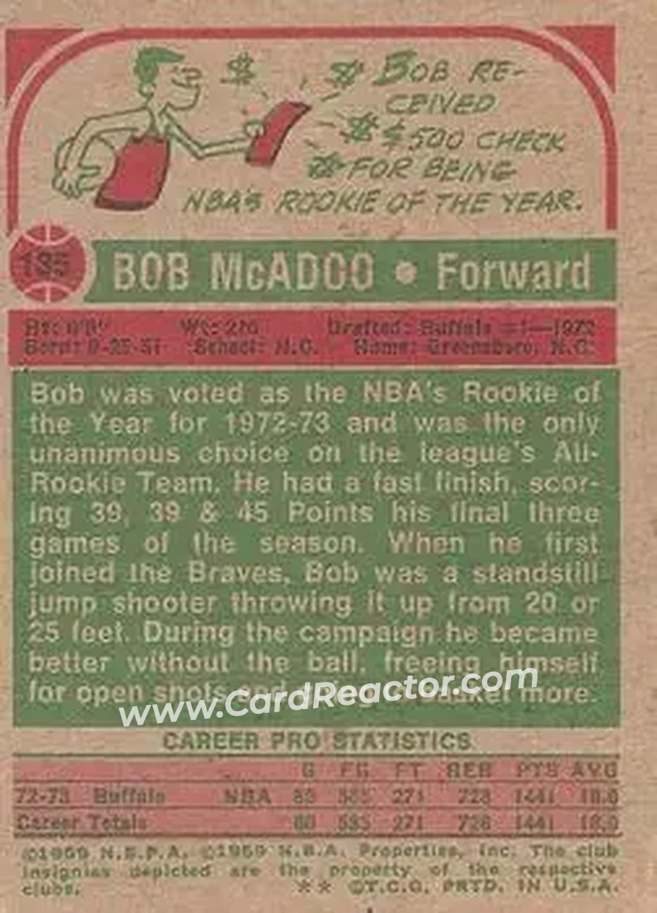 1973-74 Topps #135 - Bob McAdoo - Buffalo Braves - Back