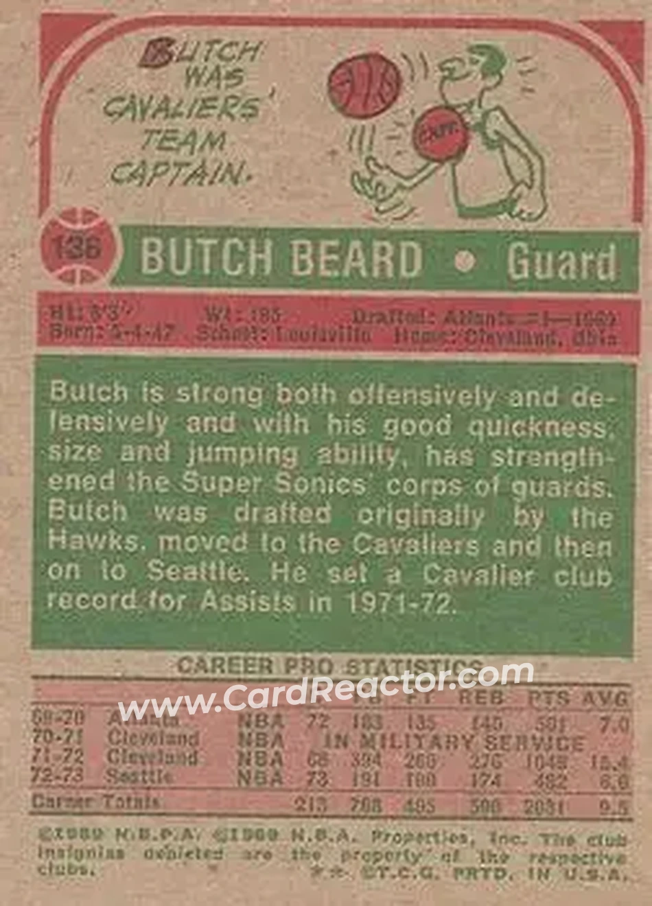 1973-74 Topps #136 - Butch Beard - Golden State Warriors - Back