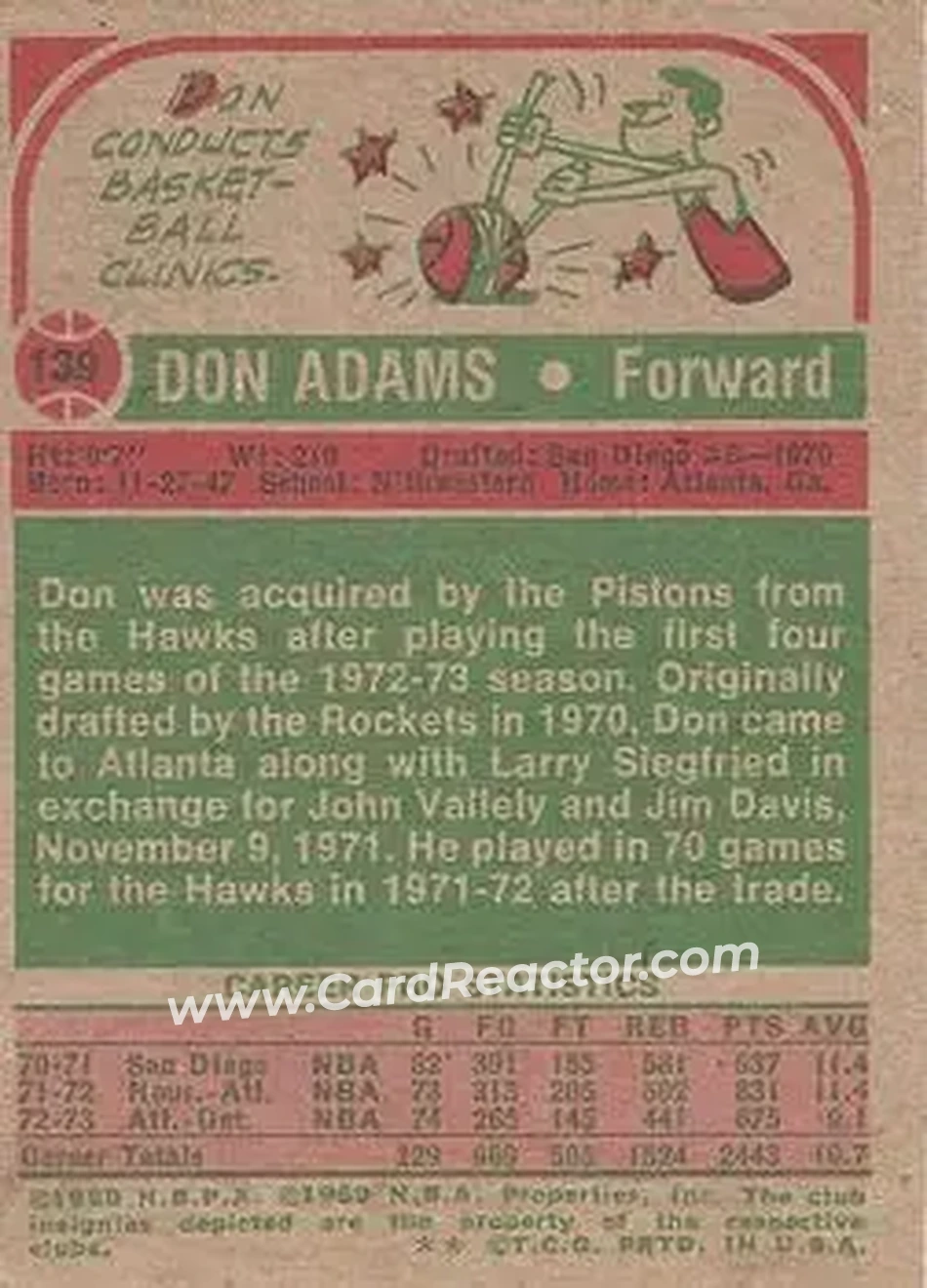 1973-74 Topps #139 - Don Adams - Detroit Pistons - Back